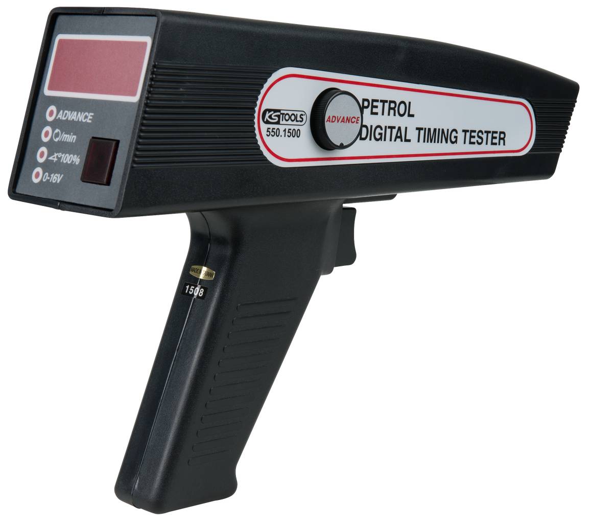 Handapparaat voor het meten van de ontstekingstijd bij benzinemotoren, met digitale weergave. Geschikt voor mechanische en elektronische ontstekingssystemen.