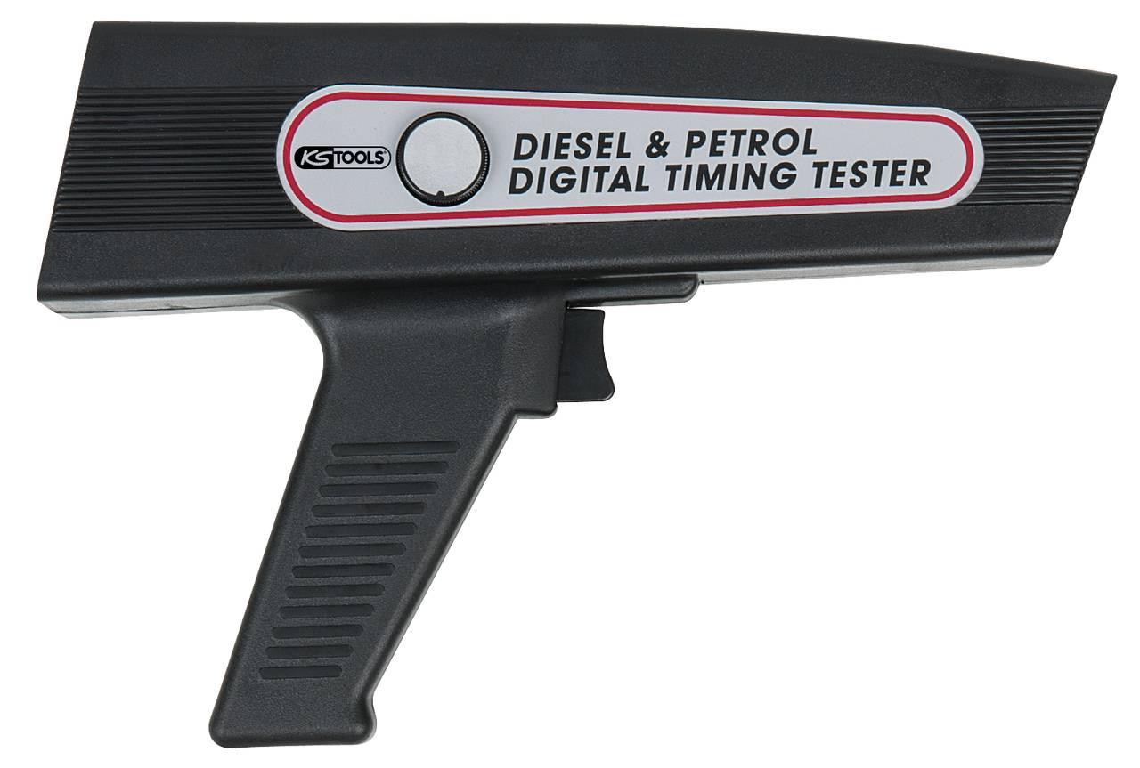 Handapparaat met de opdruk 'Diesel & Benzine Digitale Timing Tester', bedoeld voor het meten van de ontsteking bij voertuigen.