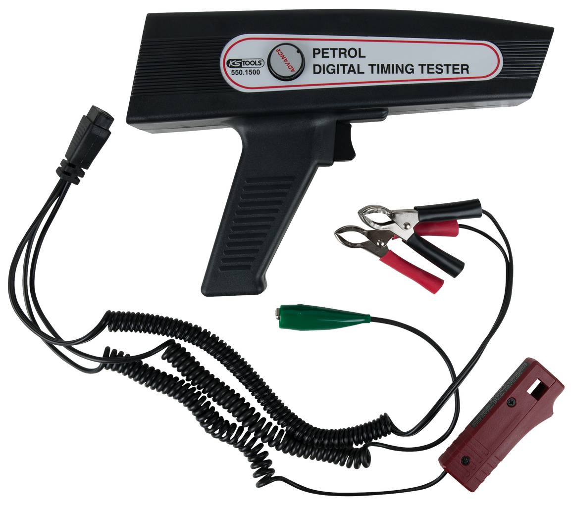 'Digitale Benzine Tijdmeter' met kabels en klemmen voor het testen van de ontsteking in voertuigen. Gebruikersgereedschap voor automonteurs.