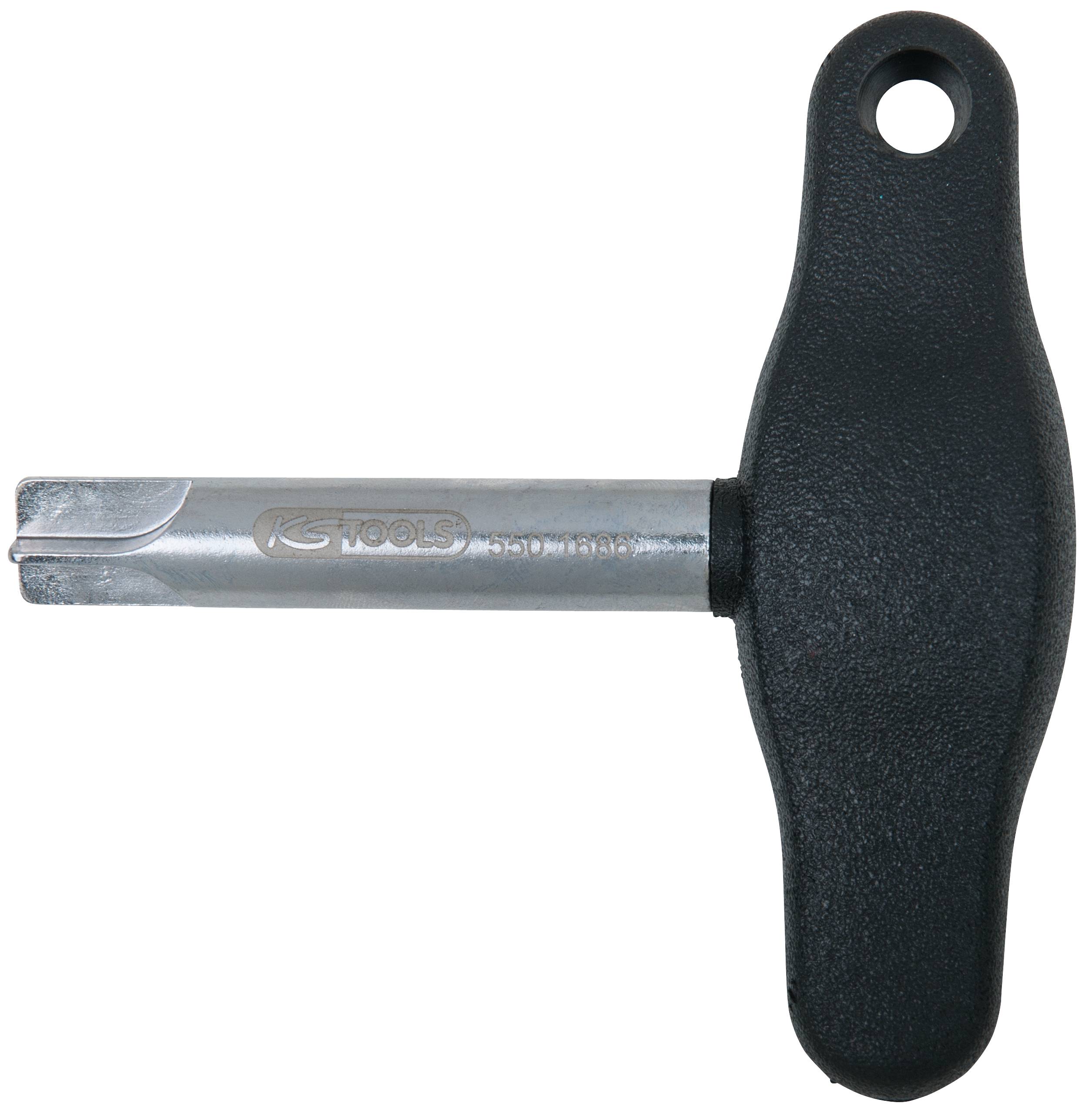 Een gereedschap met een ergonomische handgreep en metalen steel, gebruikt voor het afstellen van componenten. Geschikt voor technische toepassingen.