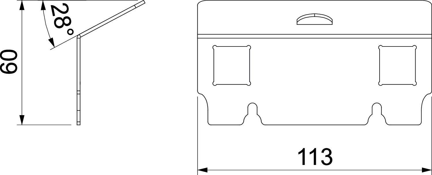 Technische tekening van een bank met een hellingshoek van 28 graden. Hoogte 60 cm, breedte 113 cm. Zij- en vooraanzicht.
