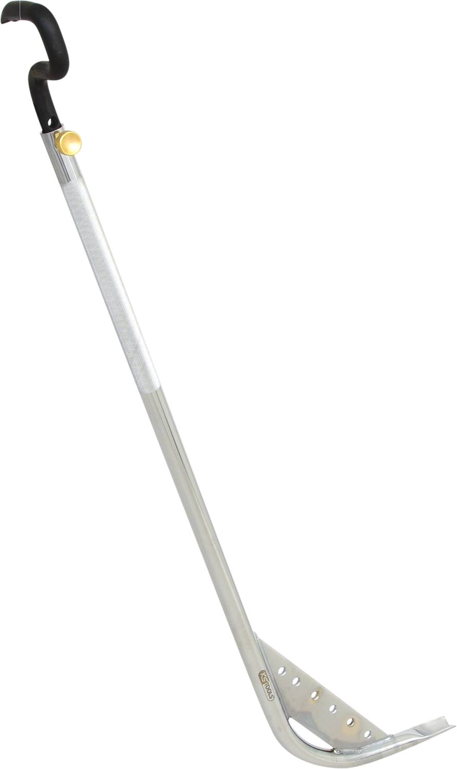 Een lange, zilveren grijper met een gebogen handgreep en een gele knop, gebruikt om voorwerpen op afstand te grijpen.