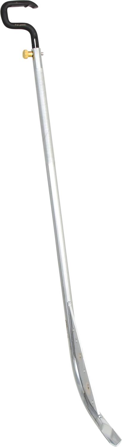 Een lange, zilveren slangentang met een zwarte handgreep en een kleine, gele knop, gebruikt voor het veilig hanteren van slangen.