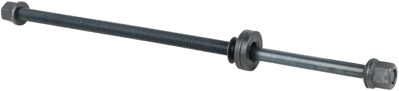 Lange zwarte moersleutel met twee ringen en gedraaid schroefdraad, gebruikt voor mechanische bevestigingen.