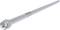 Lange, zilveren moersleutel met geribbeld handvat, gebruikt voor het aandraaien of losdraaien van schroeven of moeren.