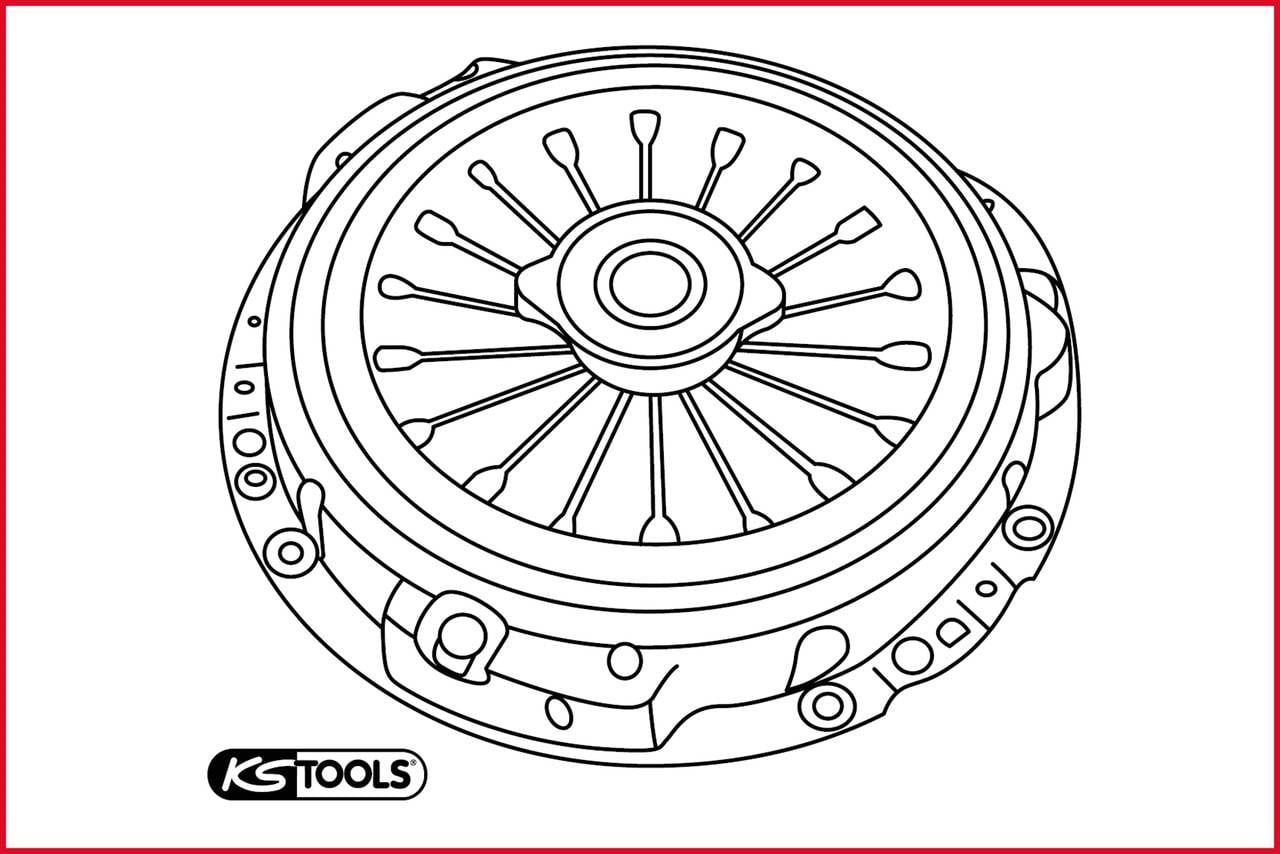 Technische tekening van een koppelingsdrukvlak met meerdere schroefgaten en zichtbare veren. Merkenlogo 'KS Tools' rechts onderaan.