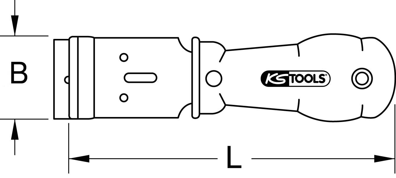 Technische tekening van een gereedschap met maten B en L. Zijaanzicht van de greepvorm met 'KS Tools' logo.