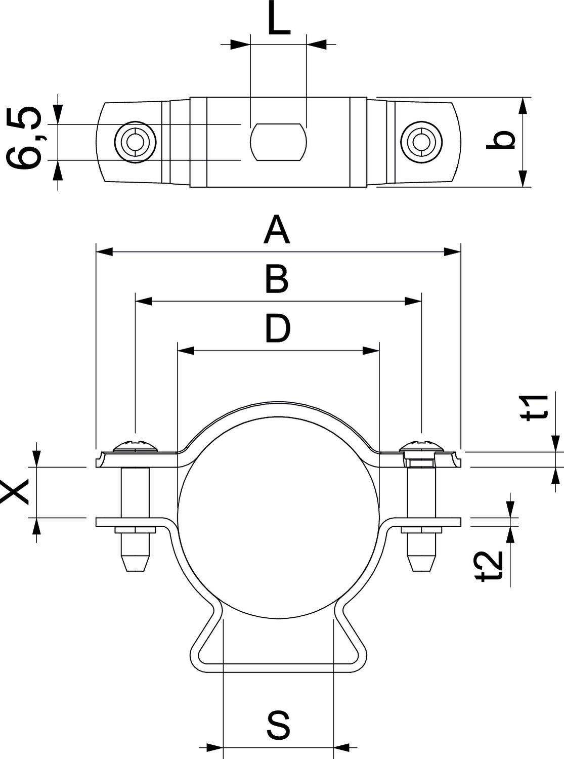 Technische tekening van een buisklem met maatvoeringen: L, b, A, D, t1, t2, S en X. Zij- en bovenaanzicht van de beugel worden getoond.