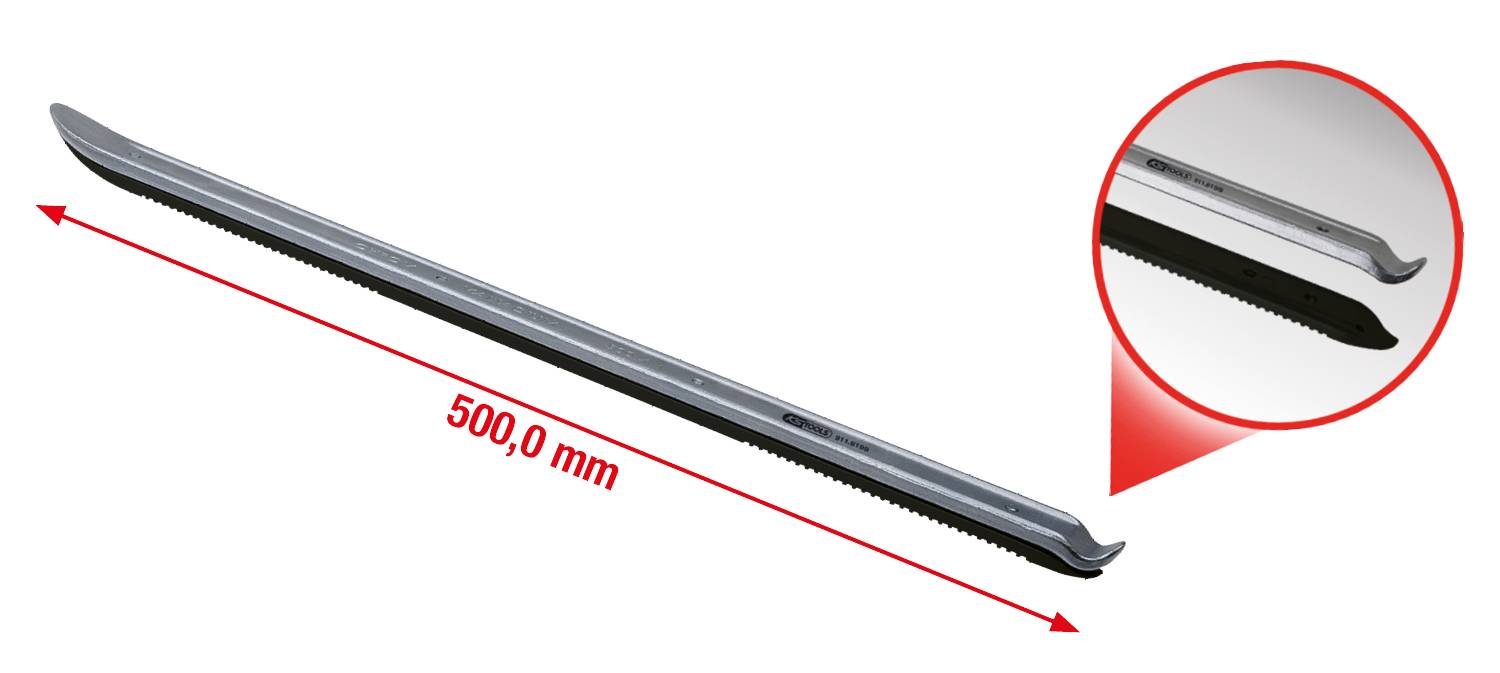 Langmetalen gereedschap met gekartelde rand, lengte 500 mm, detailaanzicht van de punt in een cirkel gemarkeerd.
