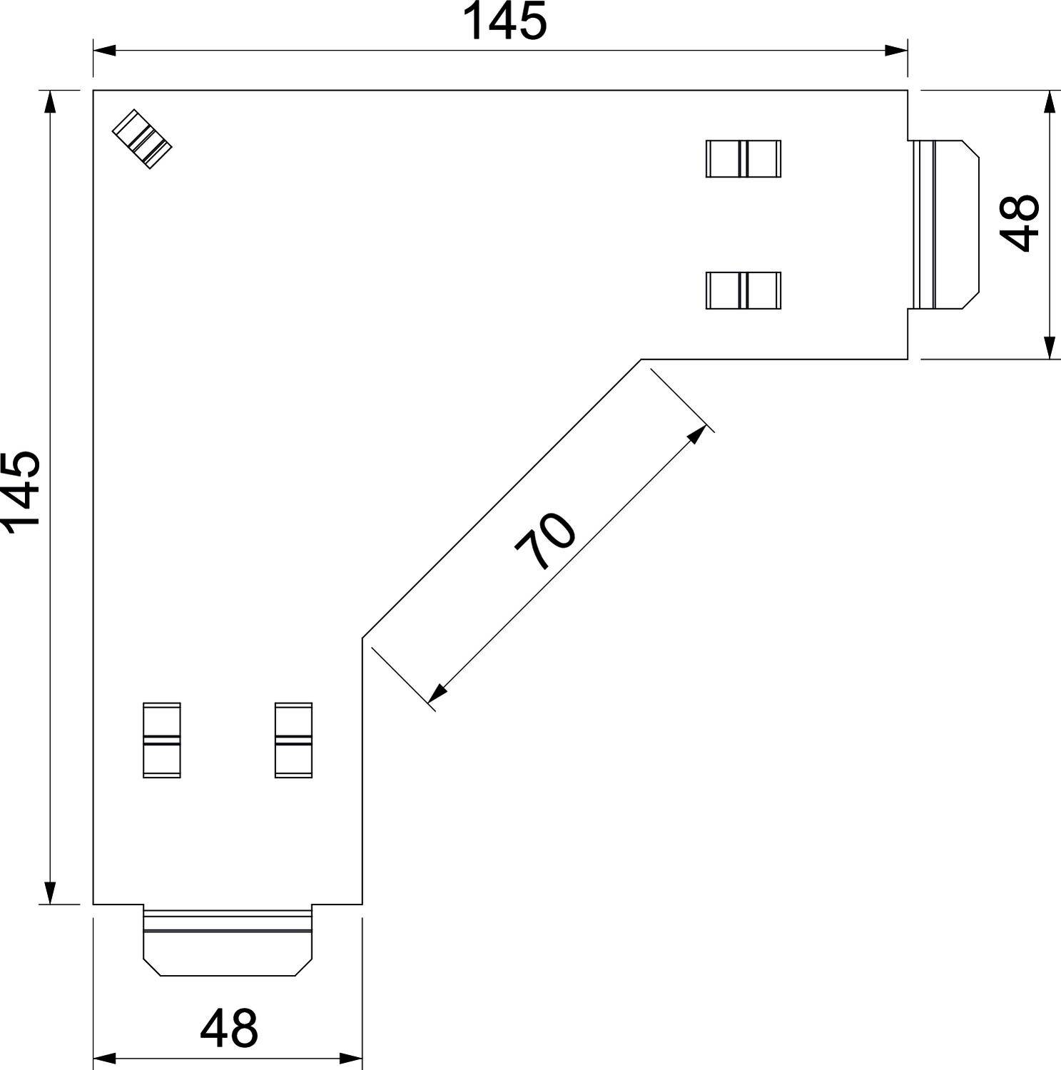 Technische tekening van een L-vormig object met afmetingen: 145 x 145, 48 en 70. Hoeken met ronde uitsparingen en rechthoekige elementen.
