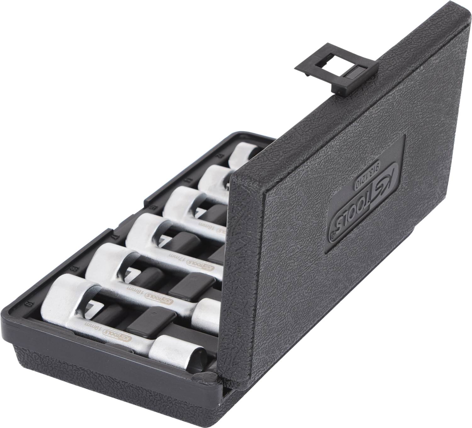 Een open etui met verschillende steekmoeren van verschillende afmetingen, ingebed in schuimstof.