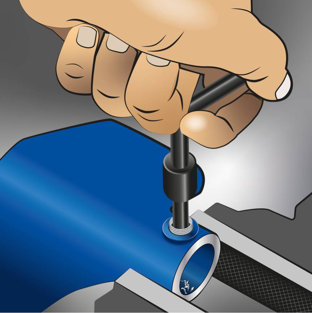 'Een hand houdt een blauw buisgedeelte vast, terwijl een schroef met een schroevendraaier in een bevestiging wordt gedraaid.'