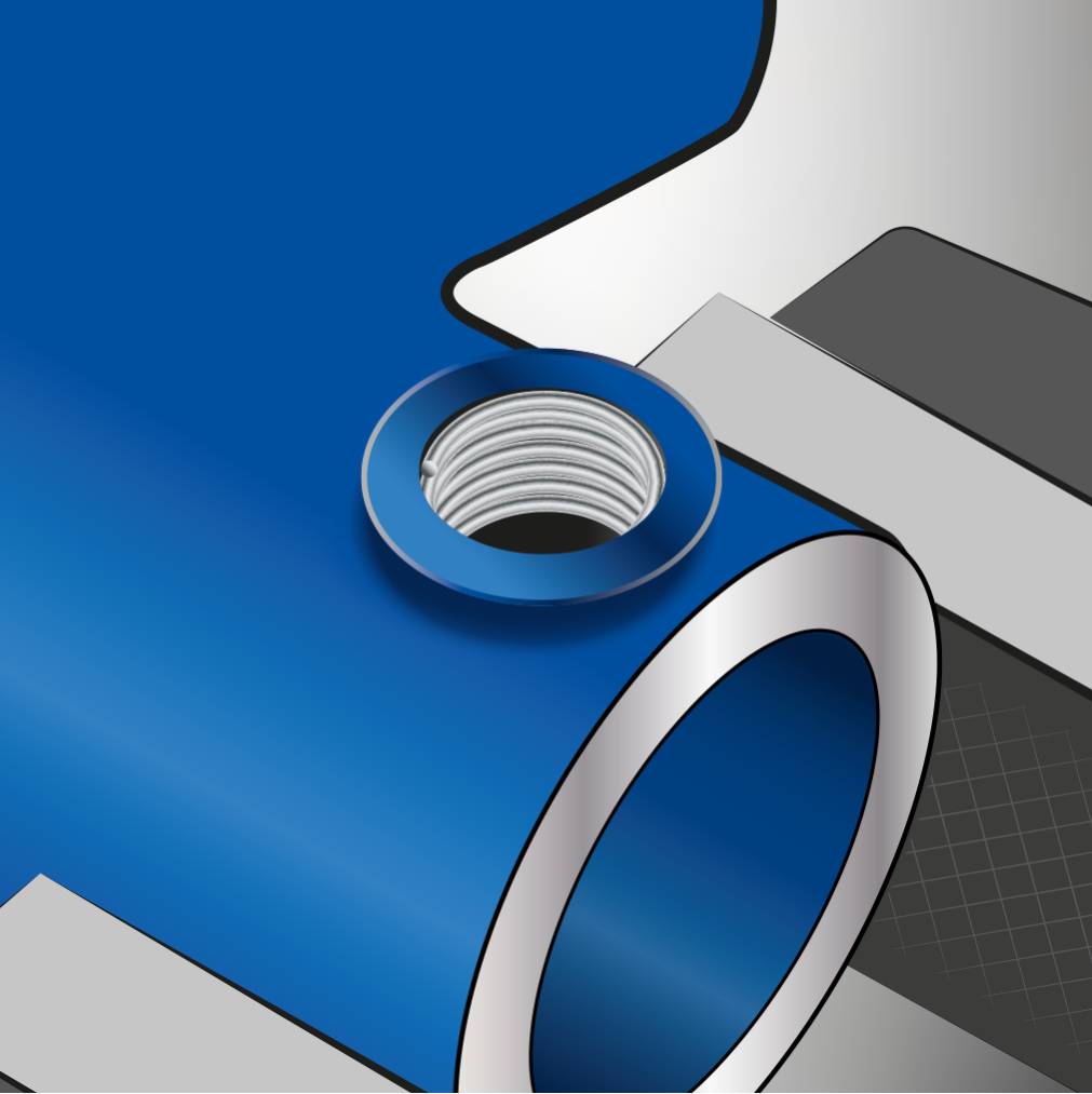 Een close-up van een blauw buisonderdeel met schroefdraad, onderdeel van een technisch diagram. Het toont de verbinding tussen twee buissegmenten.