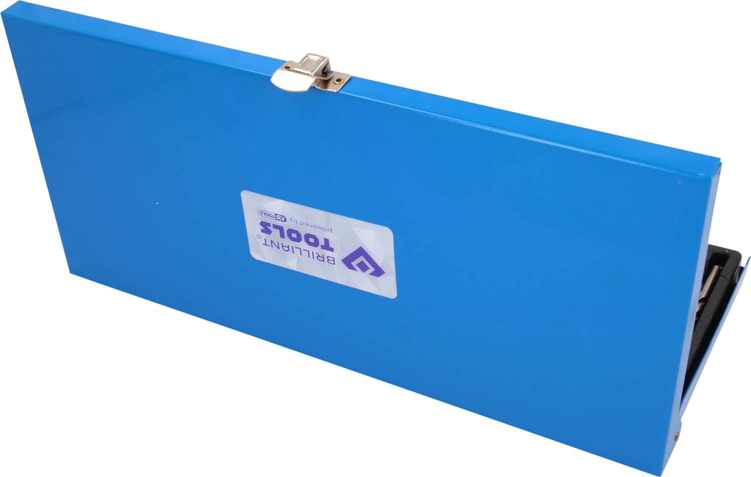 Een blauwe metalen gereedschapskist met een zilveren slot. Sticker met de tekst 'Brilliant Tools'.