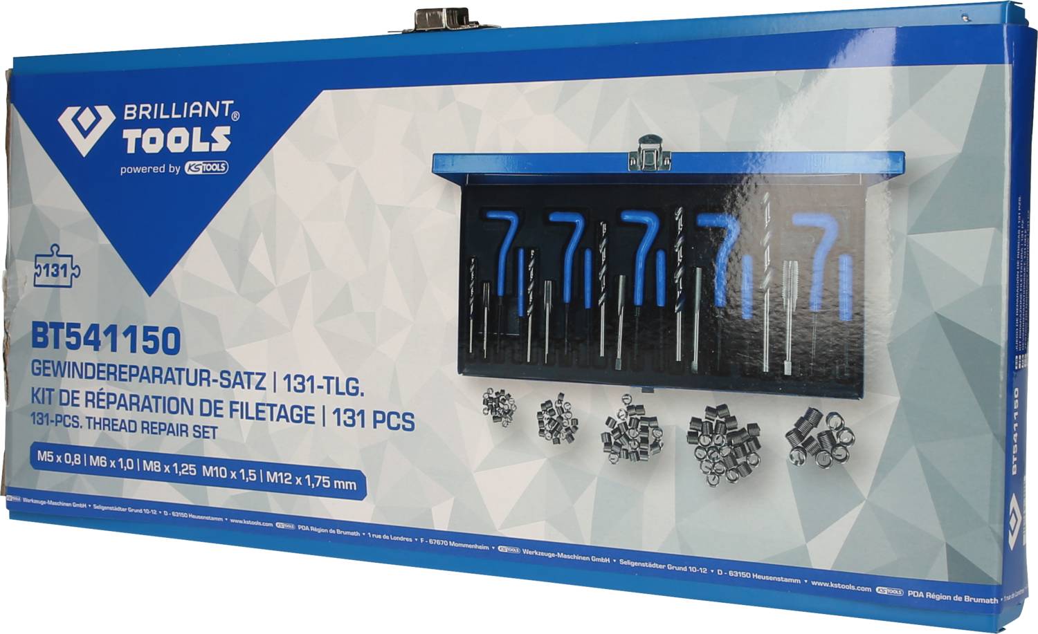 'BT541150 Schroefdraadreperatieset 131-delig' van Brilliant Tools, toont set met gereedschappen voor schroefdraadreperatie in een blauwe doos.