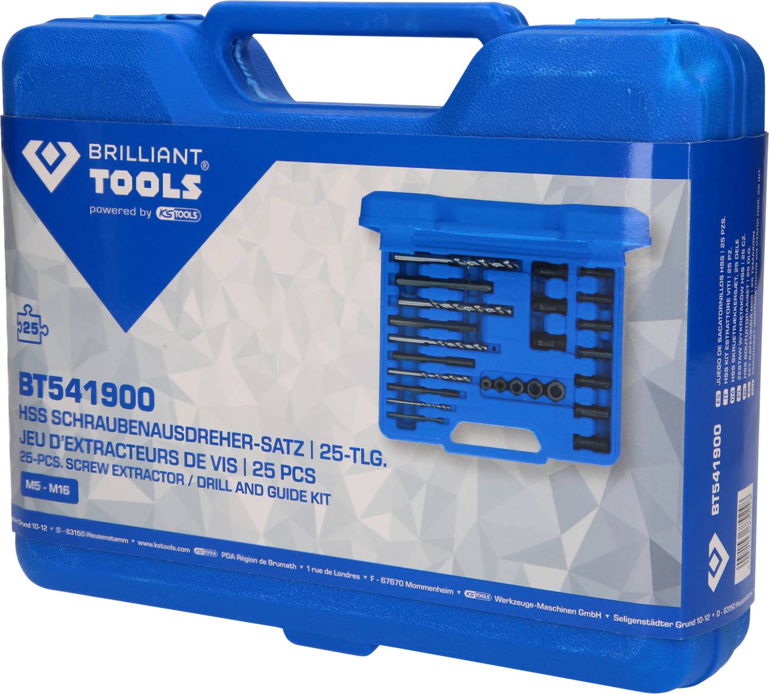 Blauwe kunststof koffer met opschrift 'Brilliant Tools' bevat een 25-delige set schroevenuitdraaiers en boren, BT541900.