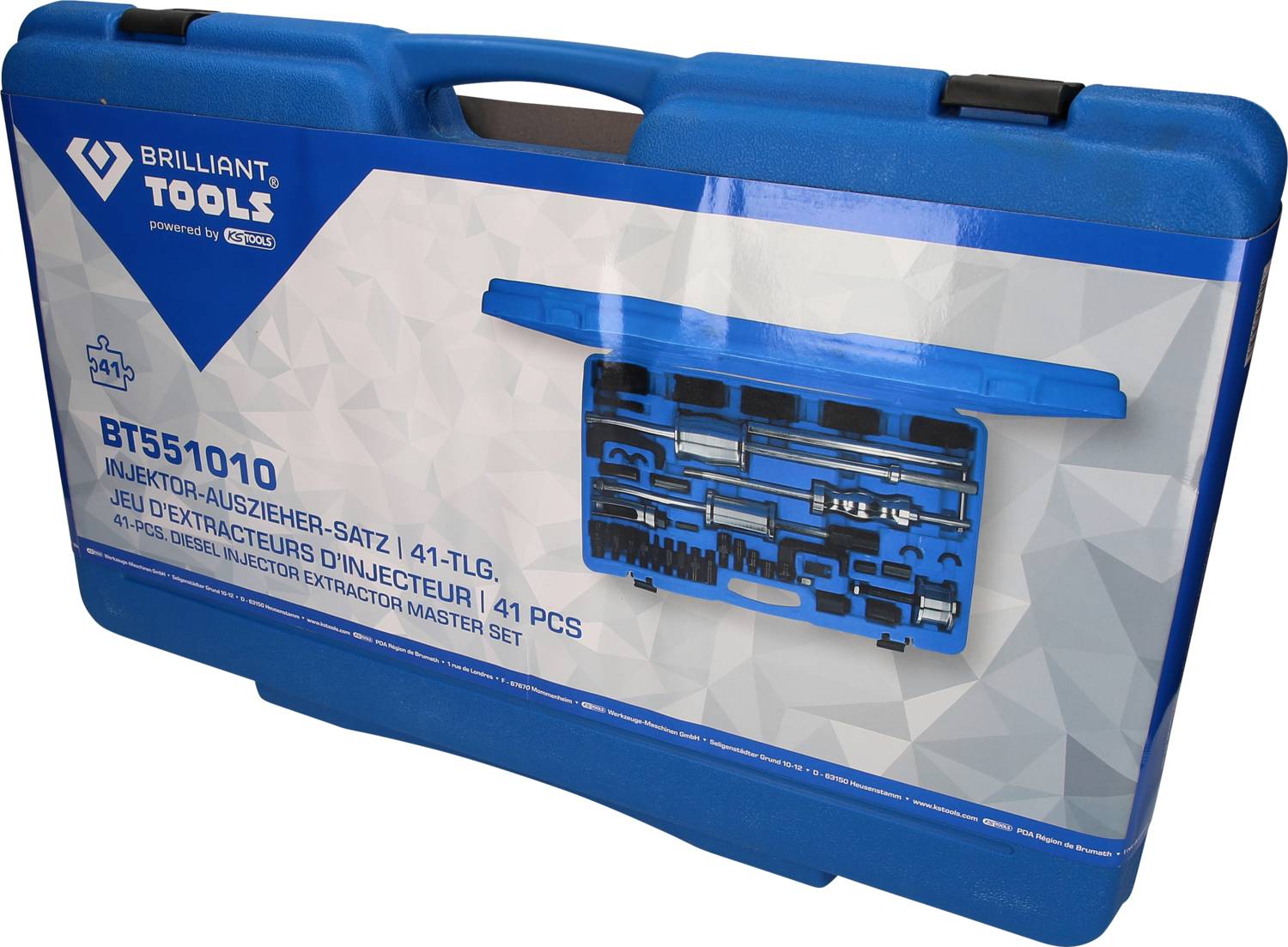 Blauwe gereedschapskoffer met opschrift 'Brilliant Tools'. Bevat een 41-delig injector-trekker-set. Afbeelding toont ook een tekening van de inhoud.