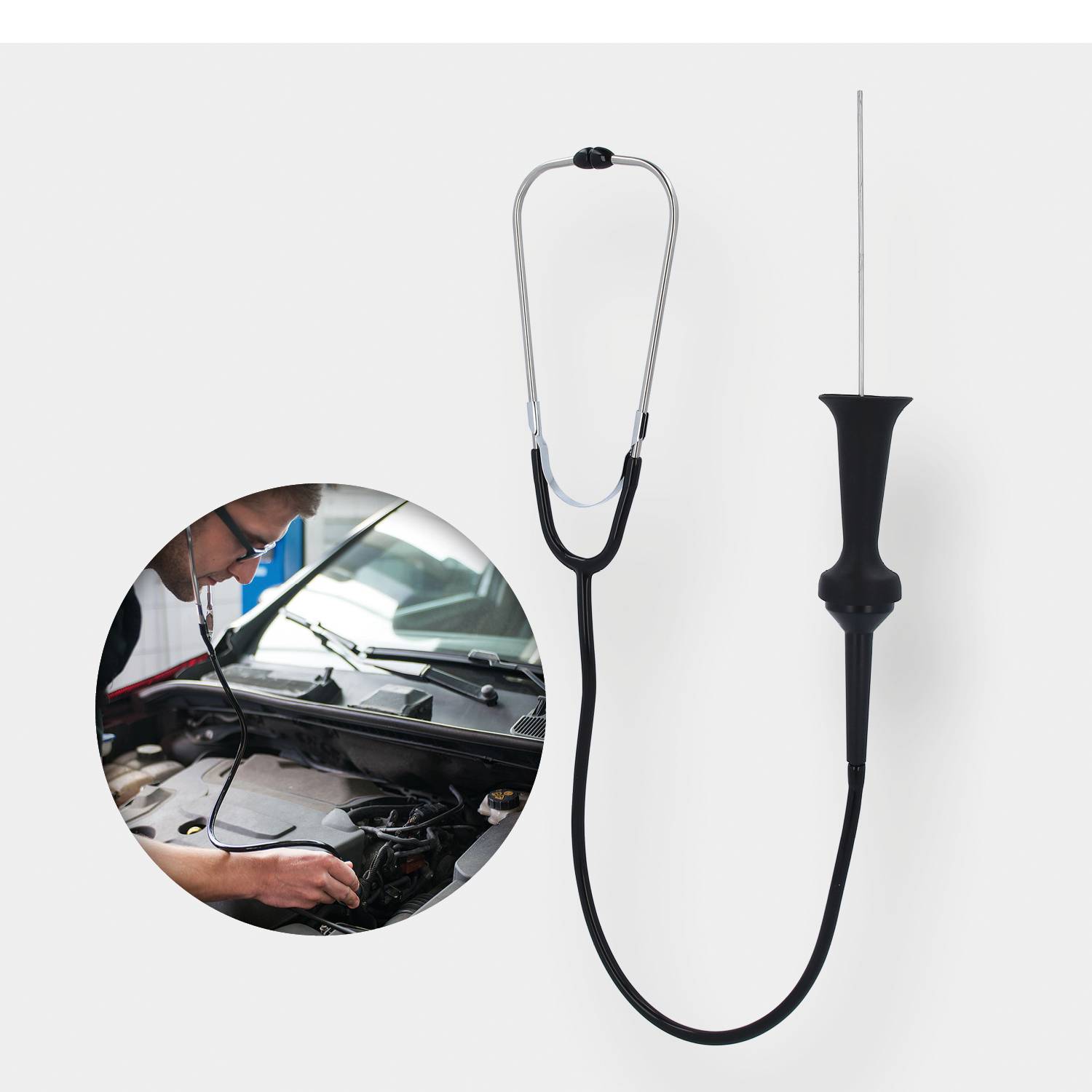 Op de afbeelding staat een voertuigdiagnose-instrument. Op de actie-foto gebruikt een persoon het gereedschap om de motor van een auto te onderzoeken.