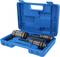 Zwart trekkerset in open, blauwe koffer. Bevat grote en kleine trekkers, geschikt voor reparatiewerkzaamheden.