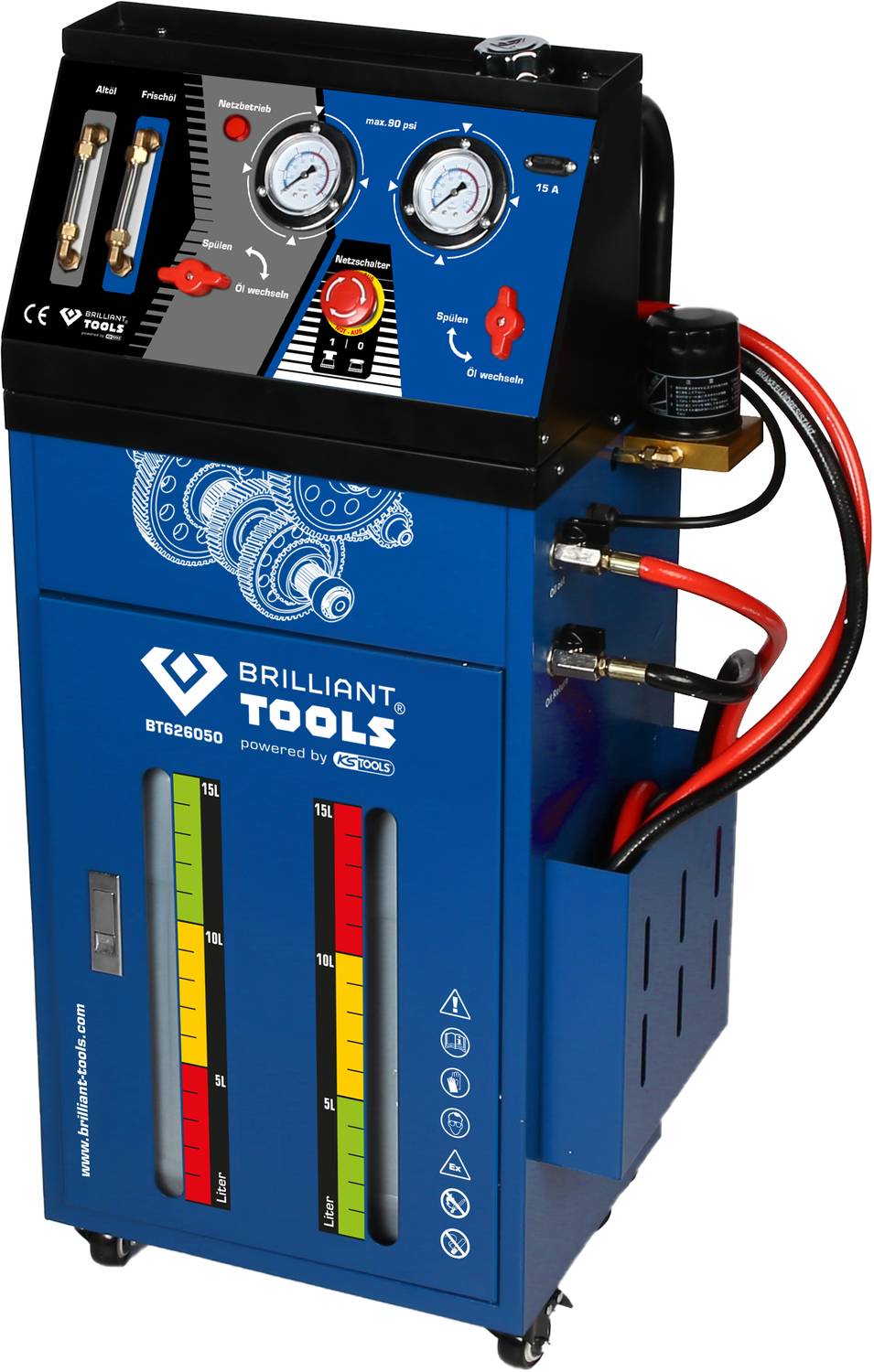 Een mobiel oliewissel-apparaat in het blauw met drukweergaven en kleurcodering voor verschillende oliesoorten, met het merk "Brilliant Tools".