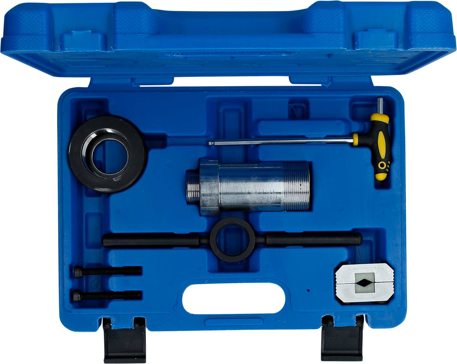 Een blauwe gereedschapskoffer met verschillende reparatiegereedschappen, waaronder moersleutels, schroefdraadgereedschap en andere metalen onderdelen.
