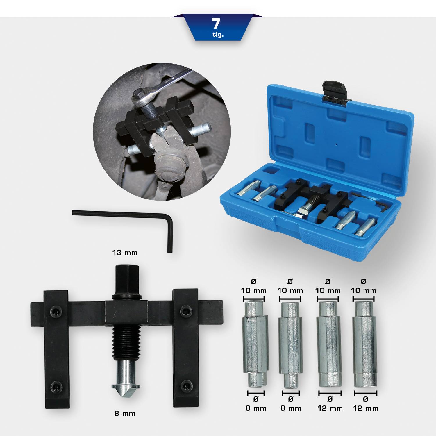 Een 7-delig gereedschapsset in een blauwe etui. Bevat verschillende adapters in de maten 8 mm, 9 mm, 10 mm, 13 mm.