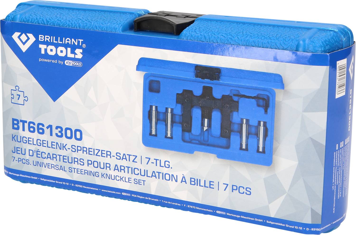 Blauwe gereedschapskoffer met opschrift 'Kogellager spreiderset 7-delig'. Bevat verschillende autoreparatiegereedschappen.