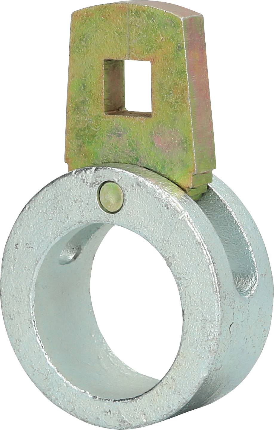 Metalen ring met vierkante anker. Gebruikt voor mechanische verbindingen of bevestigingen. Rustiek afwerking.
