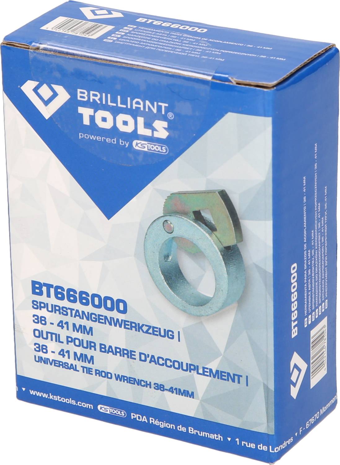 De verpakking toont het spoorstanggereedschap BT666000 van Brilliant Tools voor 38-41 mm, geschikt voor spoorstangen.