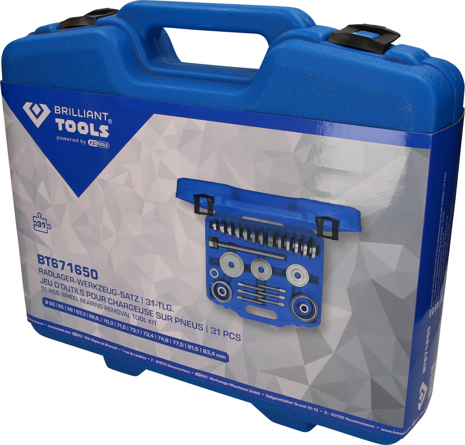 'Blauwe koffer met wiellager gereedschapsset, 31-delig, BT671650, van Brilliant Tools. Bevat afbeelding van de gereedschappen in de koffer.'