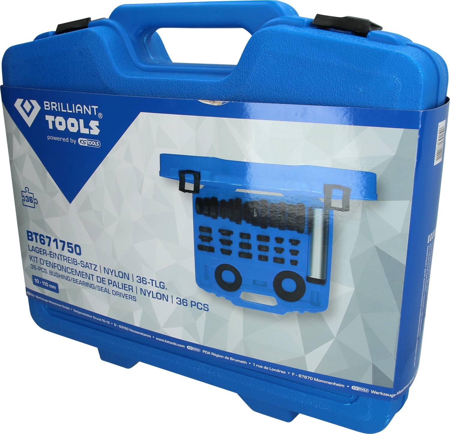 Blauwe koffer met opschrift 'Brilliant Tools', bevat 36-delige nylon lager-intrekset.