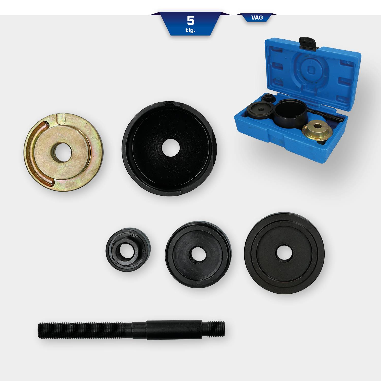 Gereedschapsset voor het monteren van wiellaggers, bestaande uit verschillende lagermontagetools, gerangschikt in een opbergkoffer.