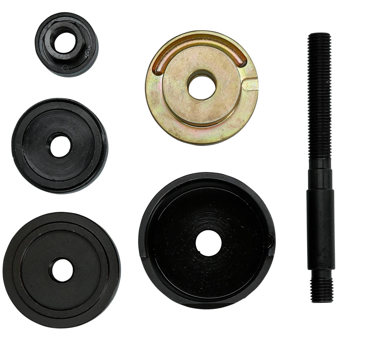 Voertuig gereedschapsset met zes ronde onderdelen, waaronder een draadstang en verschillende adapters, voor het monteren of demonteren van lagers.