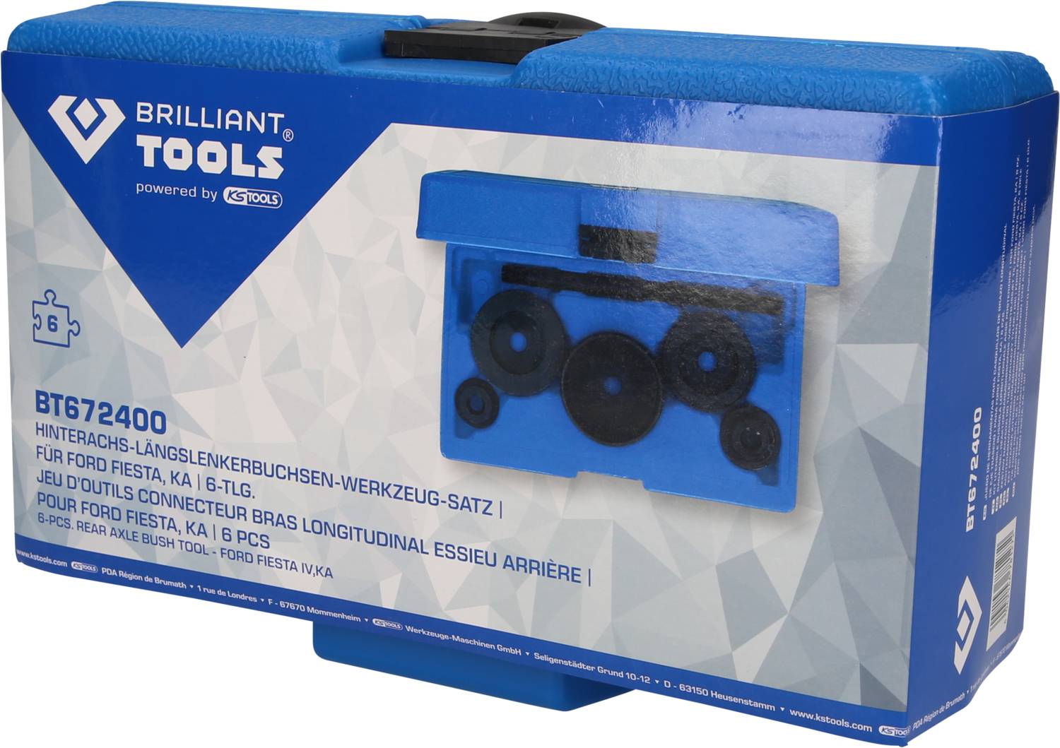 'Brilliant Tools' Gereedschapsset BT672400. Bevat speciaal gereedschap voor Ford Fiesta, Ka, 6-delig. Blauwe doos met productafbeelding.