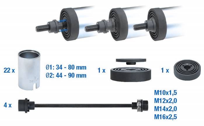Hydraulische cilinder onderdelenset bestaande uit cilinders, moeren en schijven met verschillende diameters en schroefdraadmaten.