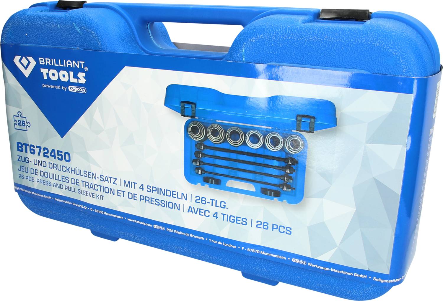 Blauwe gereedschapskoffer met opschrift 'Brilliant Tools'. Bevat een trek- en persmof-set met 4 spindels, 26-delig.