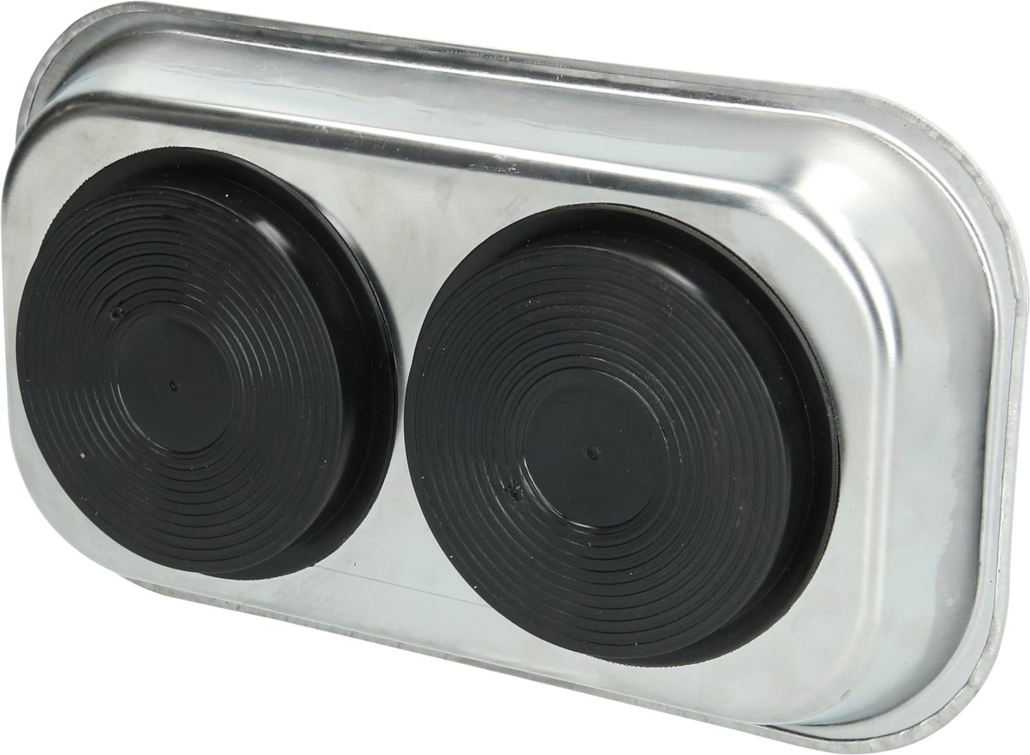 Metalen zeephouder met twee zwarte, ronde afvoergeuven die water afvoeren en de zeep droog houden.