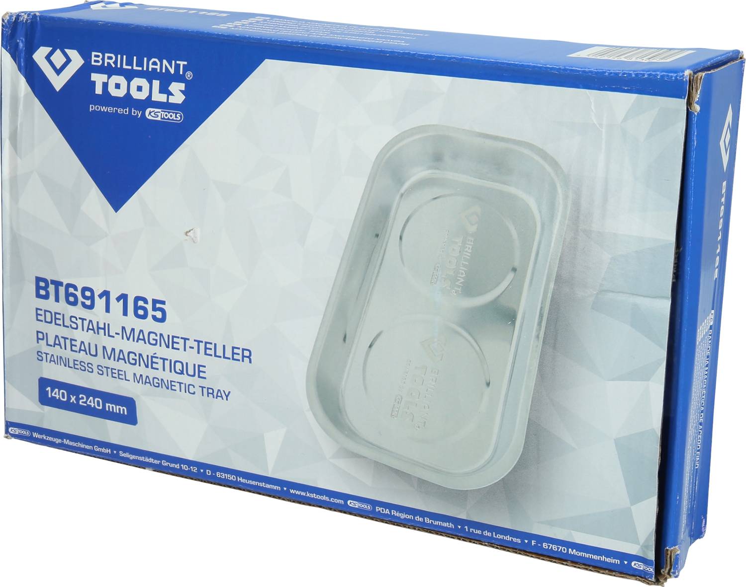 Verpakking van een roestvrijstalen magneetschaal van 'Brilliant Tools' met de afmetingen 140 x 240 mm, gepresenteerd in een blauwe doos.