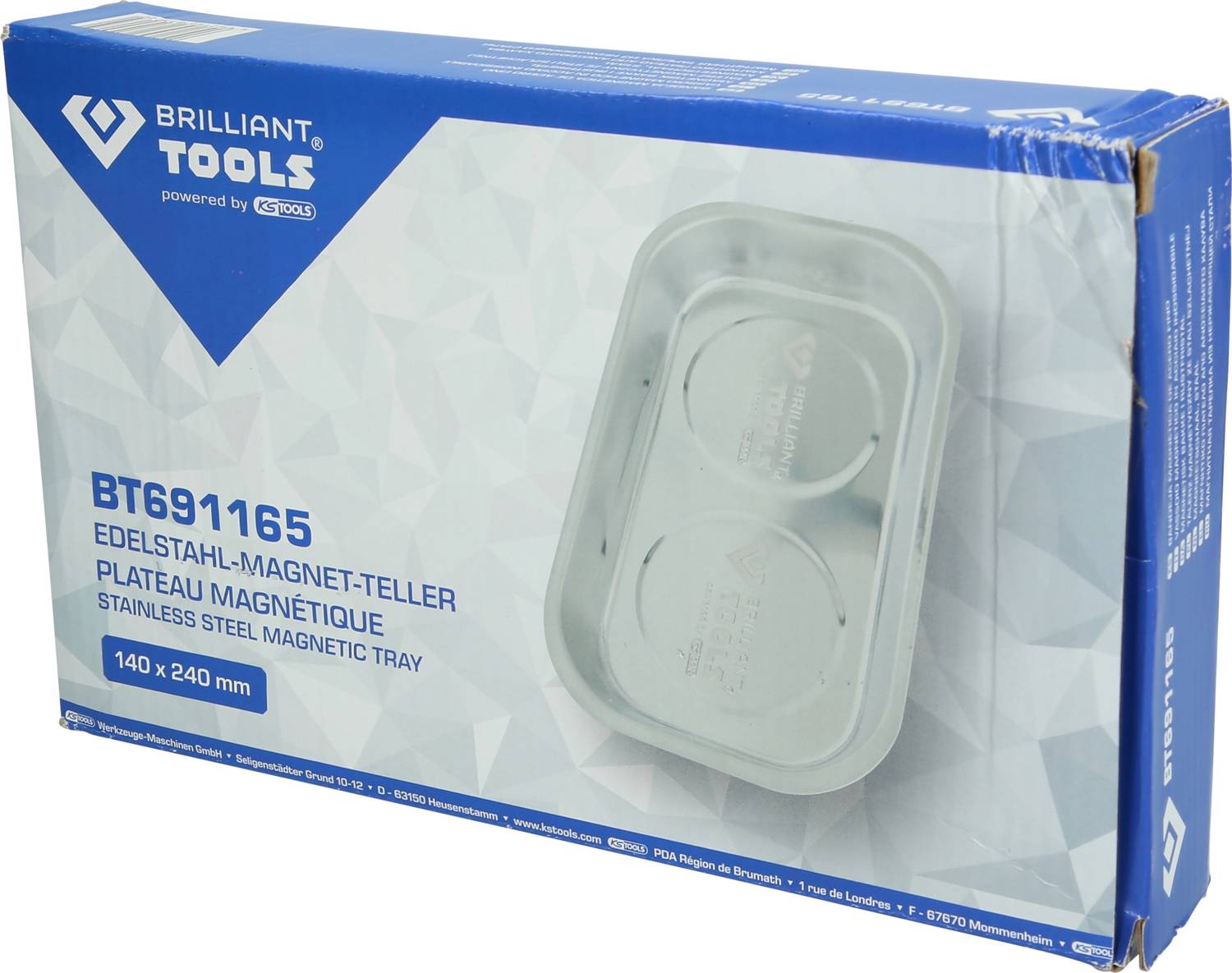 'Brilliant Tools' RVS Magneetschaal Verpakking. Bevat een rechthoekig, zilverkleurig magnetisch plateau met afmetingen 140 x 240 mm.