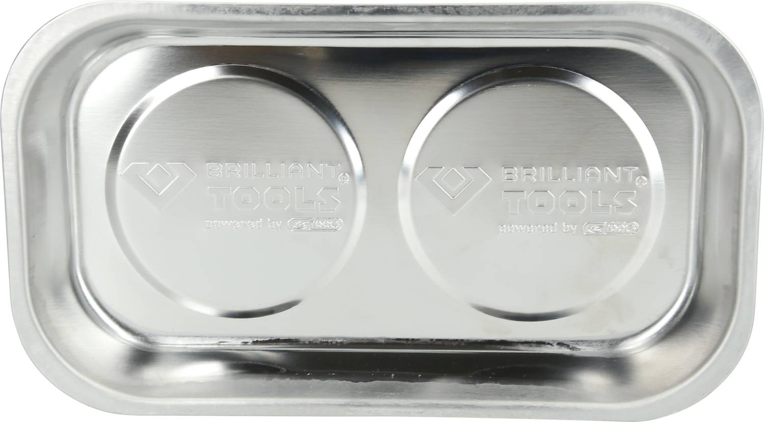 Magnetische metalen opbergschaal met twee ronde uithollingen. Bovenaan de merktekst 'Brilliant Tools'.
