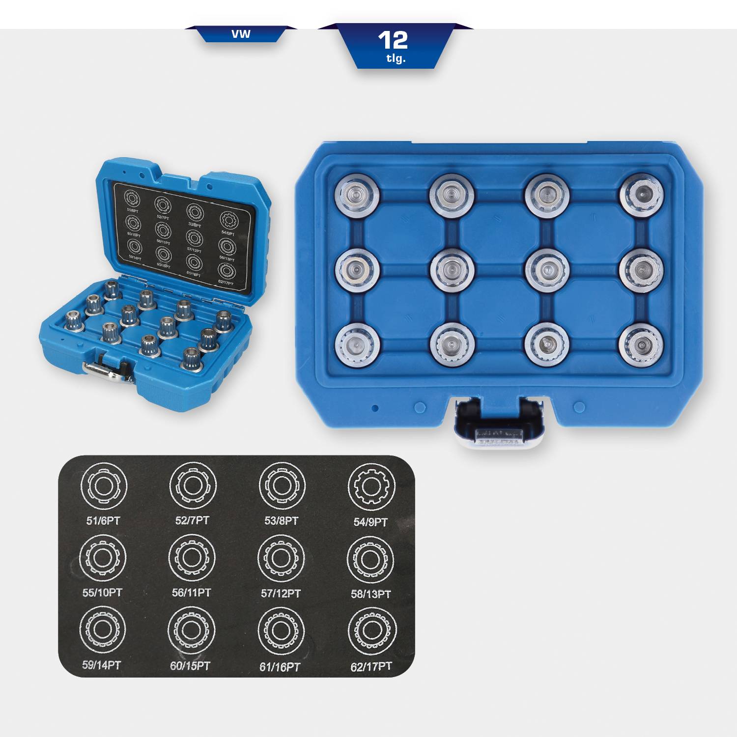 'Set van 12 gereedschappen in een blauwe behuizing, geopend en gesloten. Gereedschapsgroottes tussen 51/6PT en 62/17PT zijn zichtbaar.'