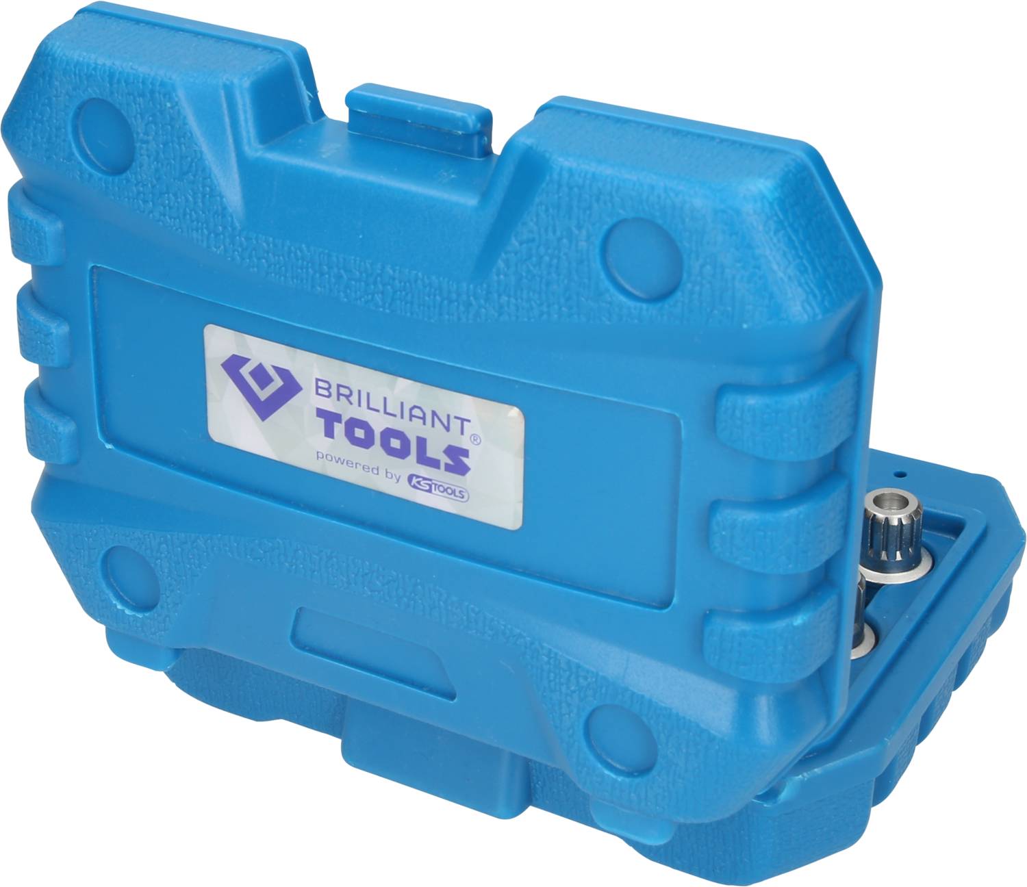Blauwe kunststof gereedschapskist met opschrift 'Brilliant Tools'. Gereedschappen zichtbaar door de licht geopende deksel aan de rechterkant.