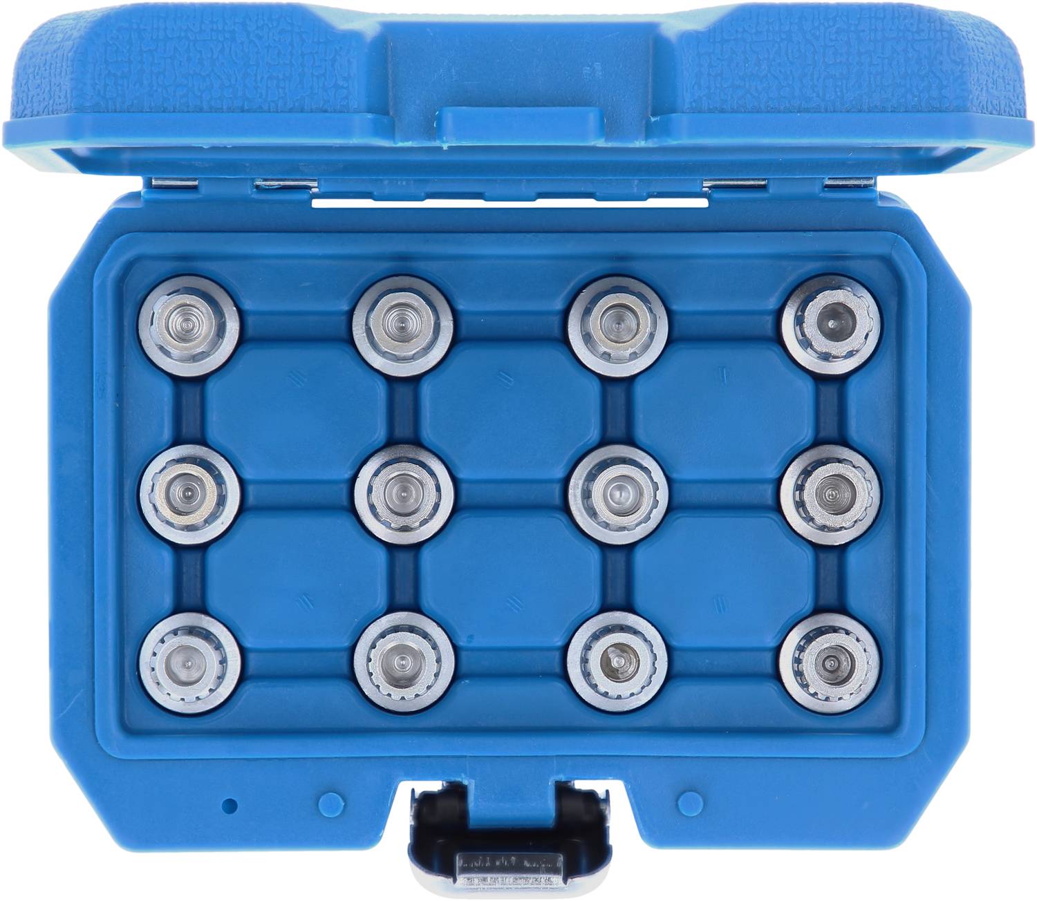 Batterijcontainer met tien zilveren batterijen in een blauwe, open doos.