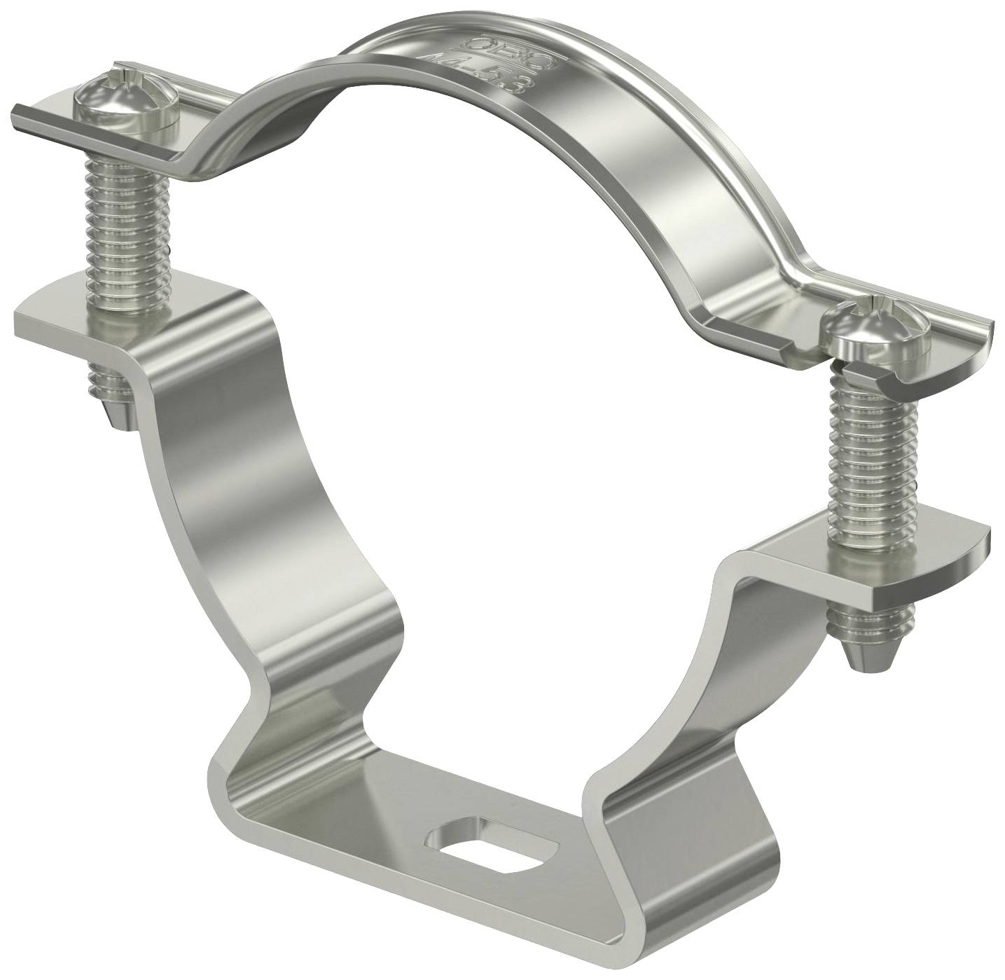 Metalen beugel met twee schroeven, geschikt voor het bevestigen van buizen of kabels aan een oppervlak.