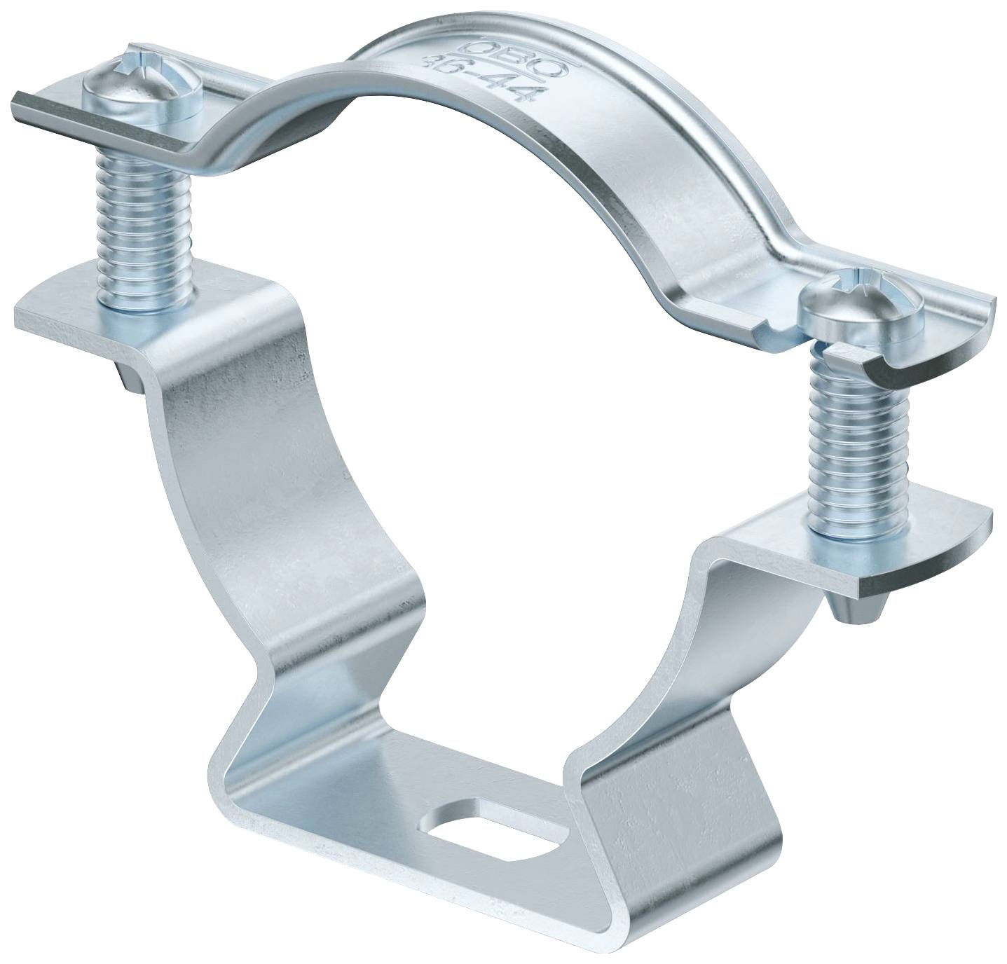 Metalen klem met twee schroefverbindingen, geschikt voor het bevestigen van buizen of kabels, toont een eenvoudige en robuuste constructie.