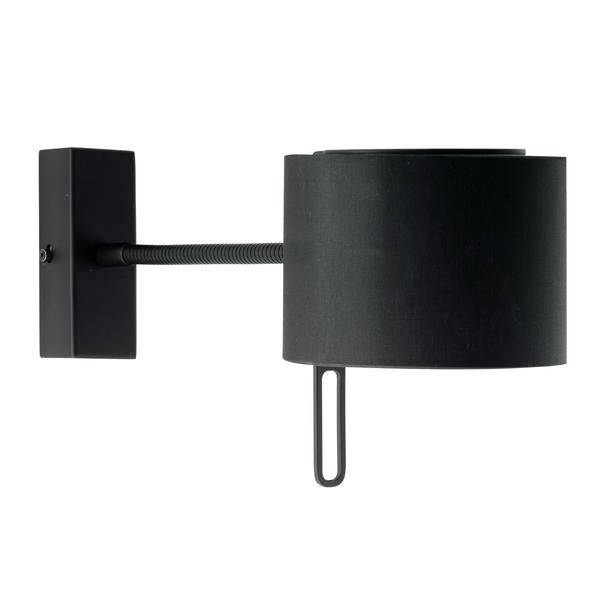 Zwarte wandlamp met een ronde kap en een korte, rechte metalen arm. Modern design, geschikt voor elegante interieurs.