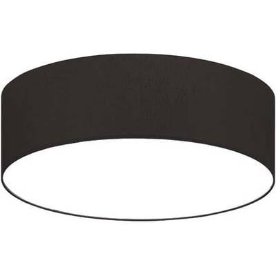 Ronde, zwarte plafondlamp met een witte diffuser in het midden, zorgt voor gelijkmatige verlichting.