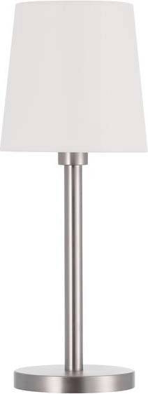 Zilveren tafellamp met een ronde voet en een witte lampenkap, een strak modern ontwerp.