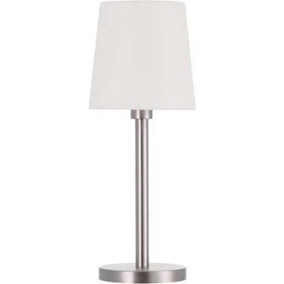 Zilveren tafellamp met een ronde voet en een witte lampenkap, een strak modern ontwerp.