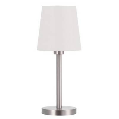 Witte tafellamp met metalen voet en een strak, modern design. Ideaal voor woon- of slaapkamer.